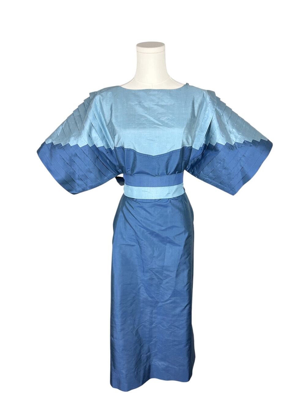 Vintage Jim Thompson 70s Art Deco Thai Silk Blue Belted Geometric Maxi Dress L